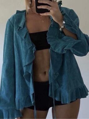 North style genuine suede leather Ruffled Open Front Teal Jacket L